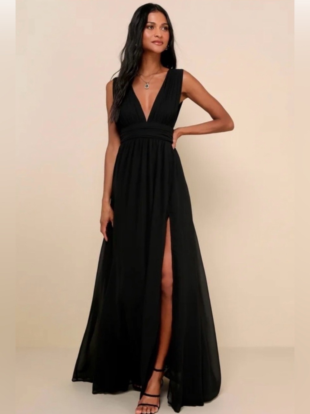 Lulus Black Plunging V-Neck Front Slit Maxi Gown Formal Bridesmaid Dress Small